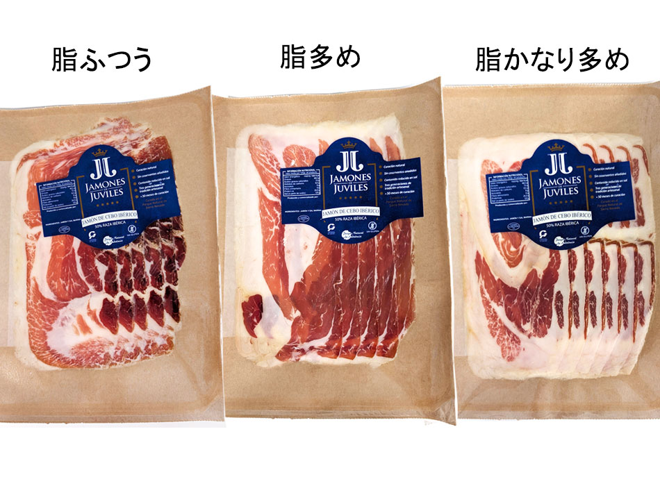 ハモンイベリコスライスパックは脂の多さにより3種類のスライスパックをお選び頂けます。「脂ふつう」「脂多め」「脂かなり多め」